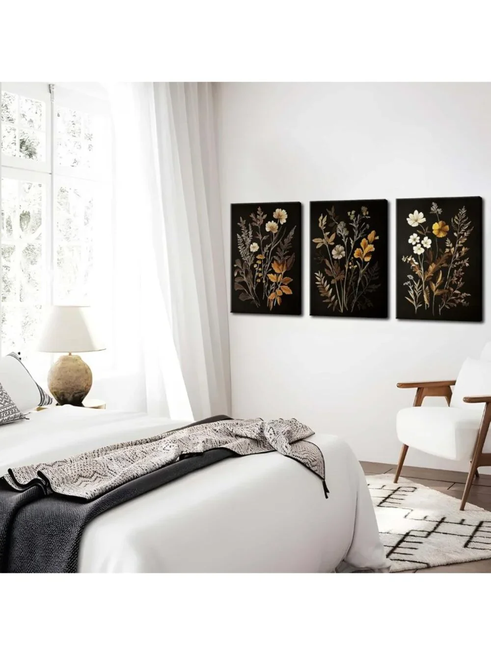 Set of 3 Vintage Black Floral Wall Art Prints - Dark Academia Botanical Decor